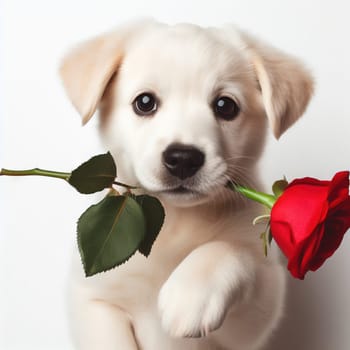 Valentine's Day concept. Funny portrait cute dog puppy with red rose flower in his mouth, isolated on a white background. Lovely dog in love gives a gift on Valentine's Day