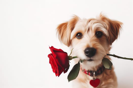 Cute portrait dog sitting and looking at camera with red rose in its mouth, isolated on a white background, concept for holidays and greetings