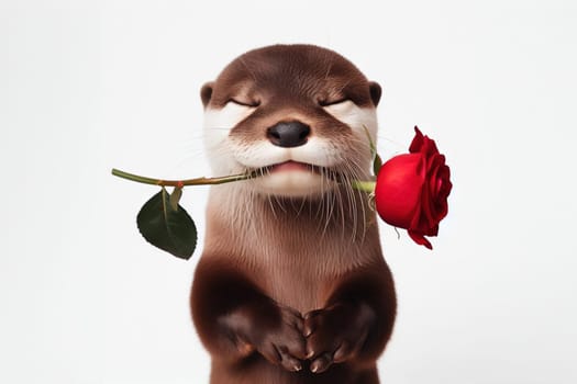 Cute otter sitting with his eyes closed with red rose in his mouth, isolated on a white background