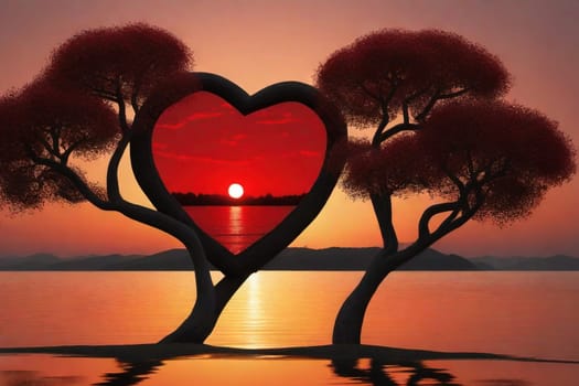 Love tree. Landscape with trees in shape red heart at sunset. Valentine's Day background.