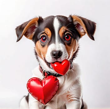 Cute portrait dog sitting and looking at camera with red heart in its mouth, isolated on a white background, concept for holidays and congratulations