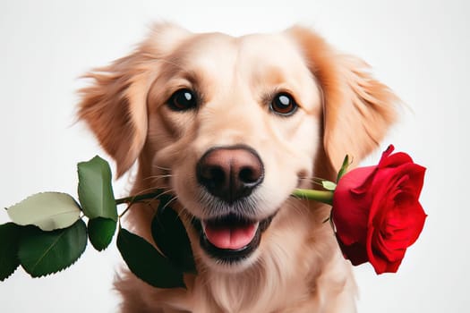 Cute portrait dog sitting and looking at camera with red rose in its mouth, isolated on a white background, concept for holidays and greetings