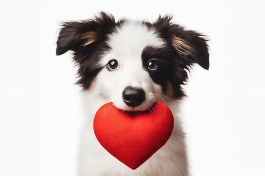 Cute portrait dog sitting and looking at camera with red heart in its mouth, isolated on a white background, concept for holidays and congratulations