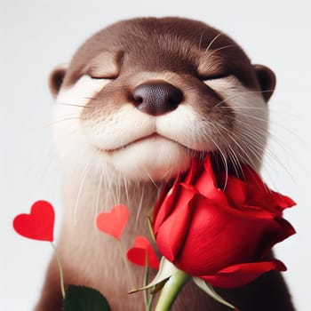 Cute otter sitting with his eyes closed with red rose in his mouth, isolated on a white background