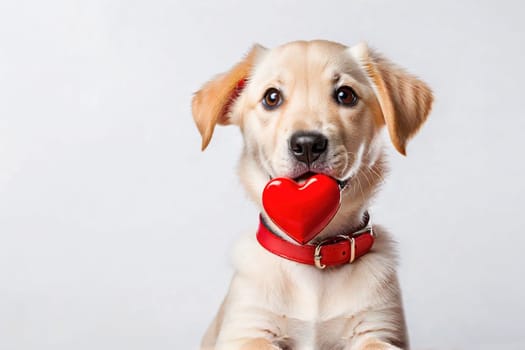 Cute portrait dog sitting and looking at camera with red heart in its mouth, isolated on a white background, concept for holidays and congratulations