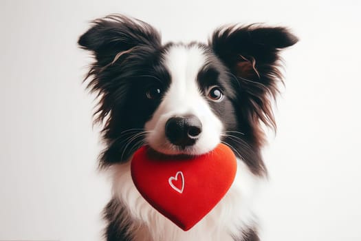 Cute portrait dog sitting and looking at camera with red heart in its mouth, isolated on a white background, concept for holidays and congratulations