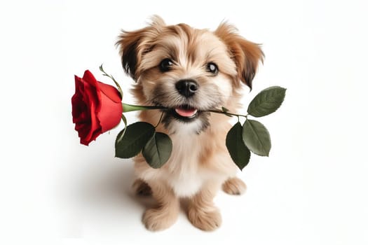 Valentine's Day concept. Funny portrait cute dog puppy with red rose flower in his mouth, isolated on a white background. Lovely dog in love gives a gift on Valentine's Day