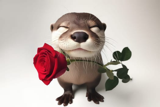 Cute otter sitting with his eyes closed with red rose in his mouth, isolated on a white background