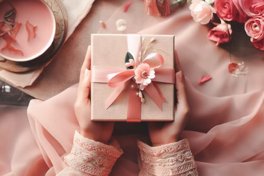 Woman hands holding gift box for special event. Valentines day, Christmas, Birthday concept.