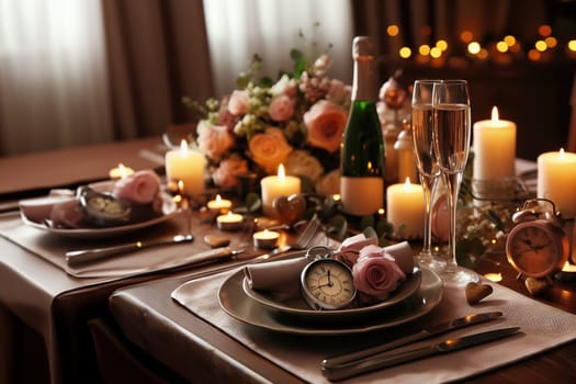 Beautiful wedding table serving with sparkling wine glasses, on background. Restaurant bar romantic evening dinner food estate. Universal suitable for any occasion