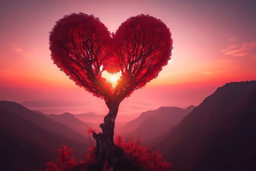 Love tree. Landscape with trees in shape red heart at sunset. Valentine's Day background.