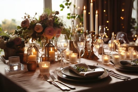 Beautiful wedding table serving with sparkling wine glasses, on background. Restaurant bar romantic evening dinner food estate. Universal suitable for any occasion