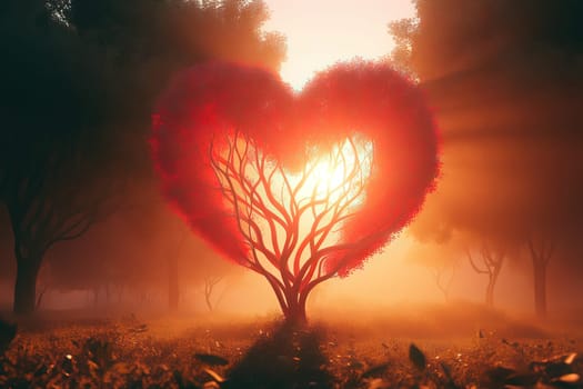 Love tree. Landscape with trees in shape red heart at sunset. Valentine's Day background.