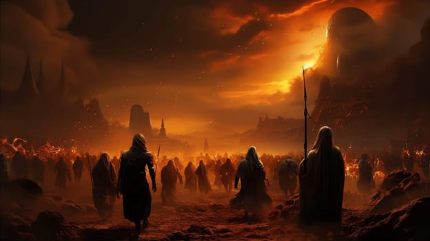 Arab troops of palestine and egypt going to war amid fire in dark. War between Palestine and Israel concept. AI generated
