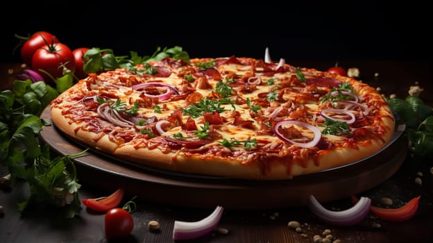 Delicious appetizing pizza with cheese on table in pizzeria closeup. Fast food concept. AI generated