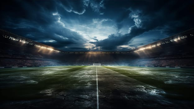 Large stadium with green field for playing football. Professional sports and healthy lifestyle concept. AI generated