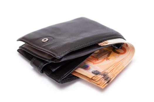 Black Leather Men Wallet with Fifty Euro Banknotes Inside - Isolated on White Background. A Purse Full of Money Symbolizing Wealth, Success and Social Status - Isolation