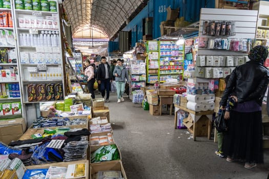 Asian health and cosmetic products on Dordoi Bazaar under roof in Bishkek, Kyrgyzstan - October 10, 2022