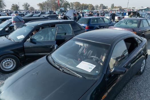 Large used car open air market RIOM Auto in Bishkek, Kyrgyzstan at October 16, 2022
