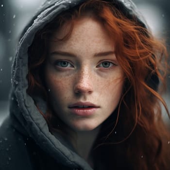 A large portrait of a beautiful red-haired woman with long hair. Generation Ai