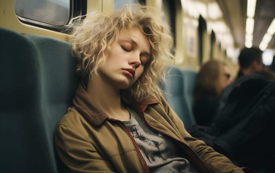 A tired woman rides public transportation and sleeps. Generation Ai