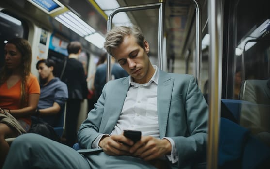 A tired man rides public transportation and holds a smartphone in his hands. Generation Ai