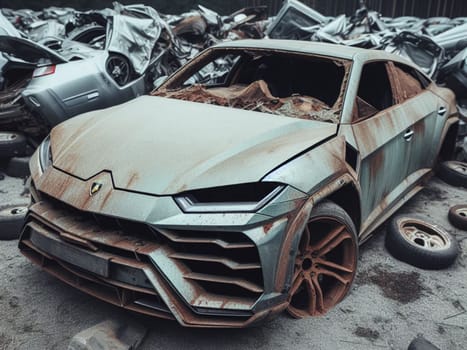 Crashed abandoned rusty expensive luxurious atmospheric 4 door powerful as circulation banned for co2 emission 2030 agenda dystopian concept ai generated