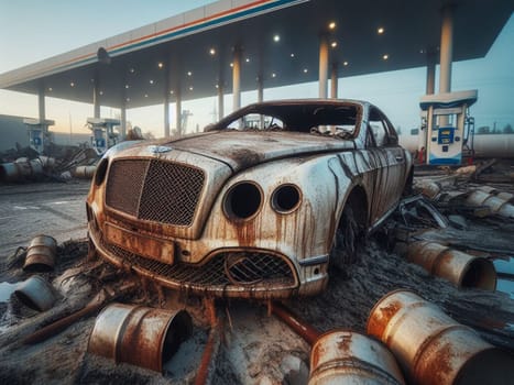 Crashed abandoned rusty expensive luxurious atmospheric 4 door powerful as circulation banned for co2 emission 2030 agenda dystopian concept ai generated