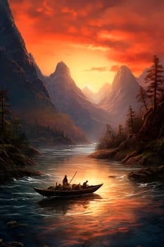 Boat on a mountain river. Generative AI, nature.