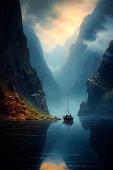 Boat on a mountain river. Generative AI, nature.
