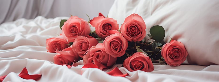 Bouquet of roses on the bed. Generative AI, Love.