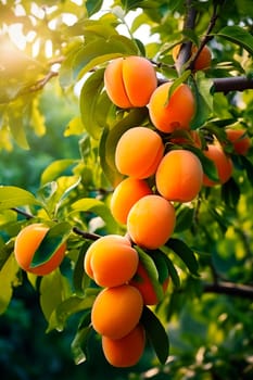 Branch with ripe apricots in the garden. Generative AI, Food.