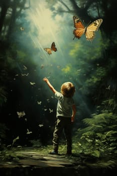 A child catches butterflies in nature. Generative AI, Kid.