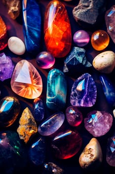 Crystals of different shapes and different colors. Generative AI, Nature.