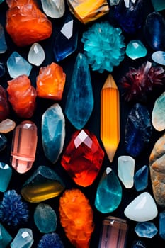 Crystals of different shapes and different colors. Generative AI, Nature.