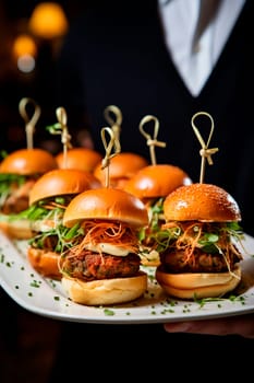 Mini burgers on a plate. Generative AI, Food.