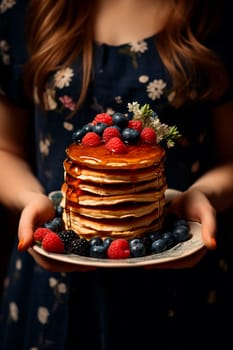 A woman holds pancakes with berries in her hands. Generative AI, Food.