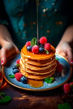 A woman holds pancakes with berries in her hands. Generative AI, Food.