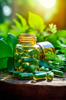 Supplements with leaves and herbs - alternative medicine. Generative AI, Nature.