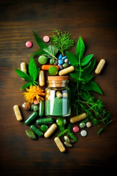 Supplements with leaves and herbs - alternative medicine. Generative AI, Nature.