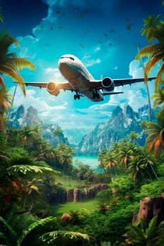 The plane flies over palm trees and islands. Generative AI, Nature.