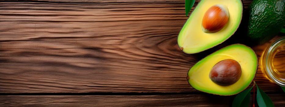 Avocado cosmetic oil on a wooden background. Generative AI, Nature.