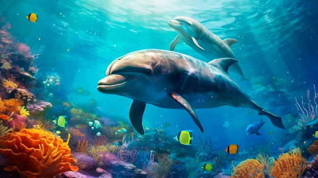 Dolphin in the sea underwater world. Generative AI, animal.