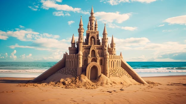 Sand castle on the seashore. Generative AI, Sea.