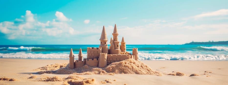 Sand castle on the seashore. Generative AI, Sea.