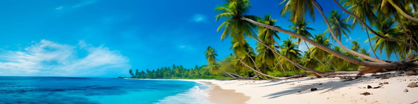 Exotic beach with palm trees and sea banner. Generative AI, Nature.