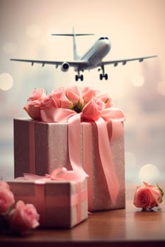 airplane flowers gift box gift Valentine's Day. Generative AI, valentine.