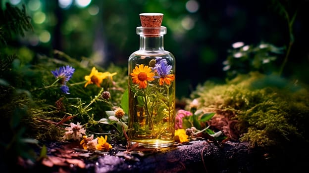 Tincture extract of herbs and flowers in a bottle. Generative AI, Nature.