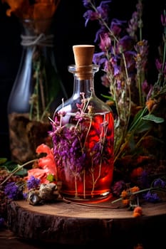 Tincture extract of herbs and flowers in a bottle. Generative AI, Nature.