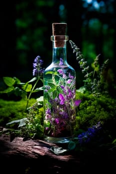 Tincture extract of herbs and flowers in a bottle. Generative AI, Nature.